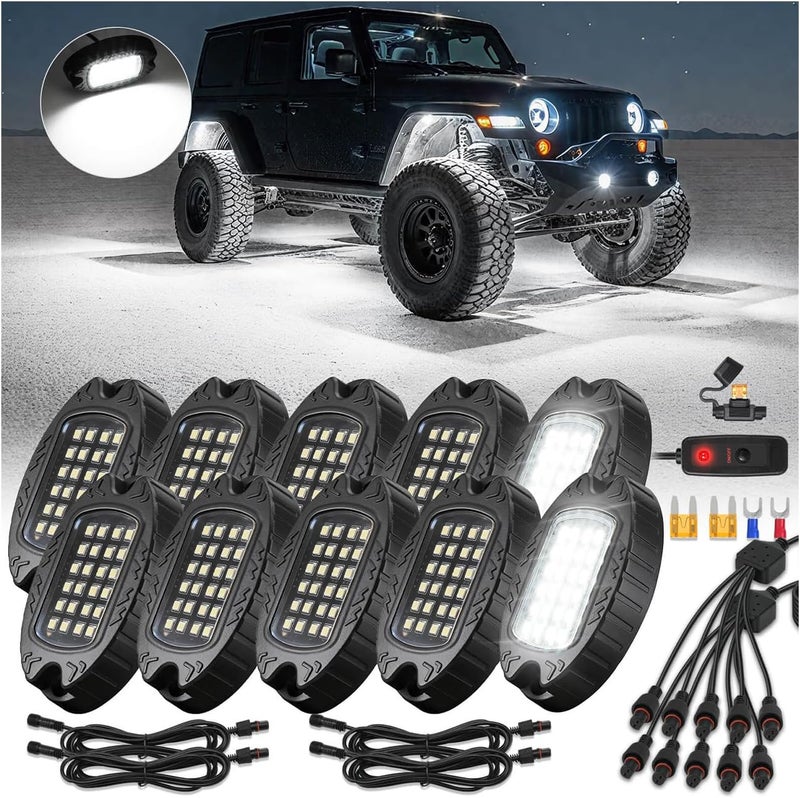 ZONECONA 10Pods Aluminum Housing Plug and Play All Pure White LED Rock Lights Kit with Switch Harness Wiring Extension,Quick Connect 6500K Metal Underglow 12V Waterproof for Jeep Trucks ATV UTV SXS RZR Offroad - Image 1